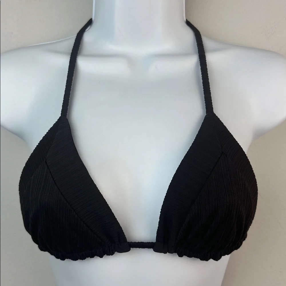 Frankie’s Bikinis Sky Ribbed Triangle Bikini Top Small Black String Straps Beach
